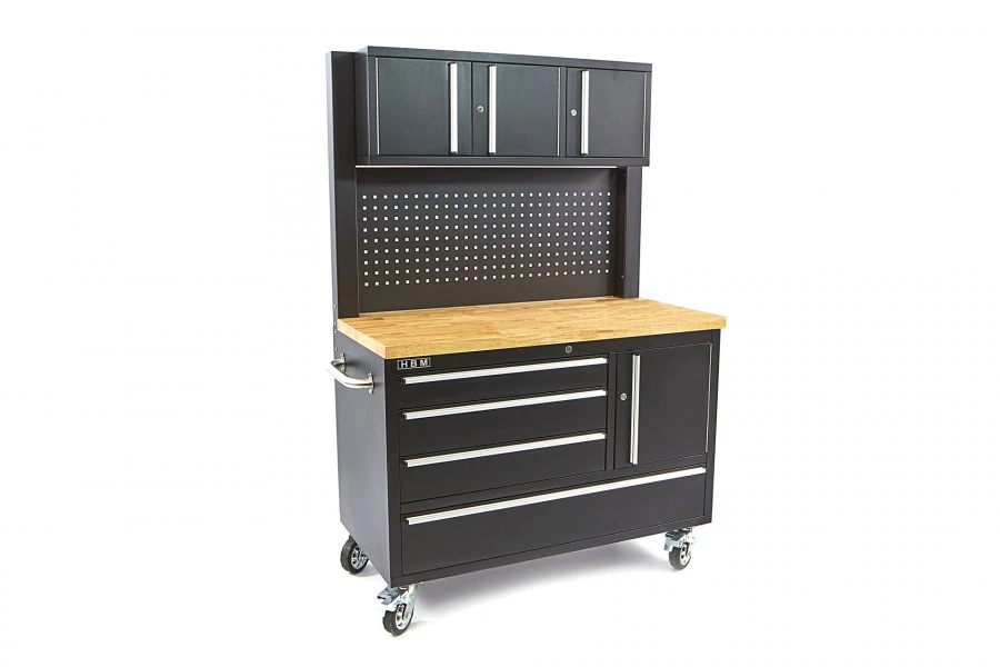 HBM Gereedschapswagen Met Kastenwand, Houten Werkblad, 122 Cm, Zwart 1 HBM Gereedschapswagen Met Kastenwand, Houten Werkblad, 122 Cm, Zwart