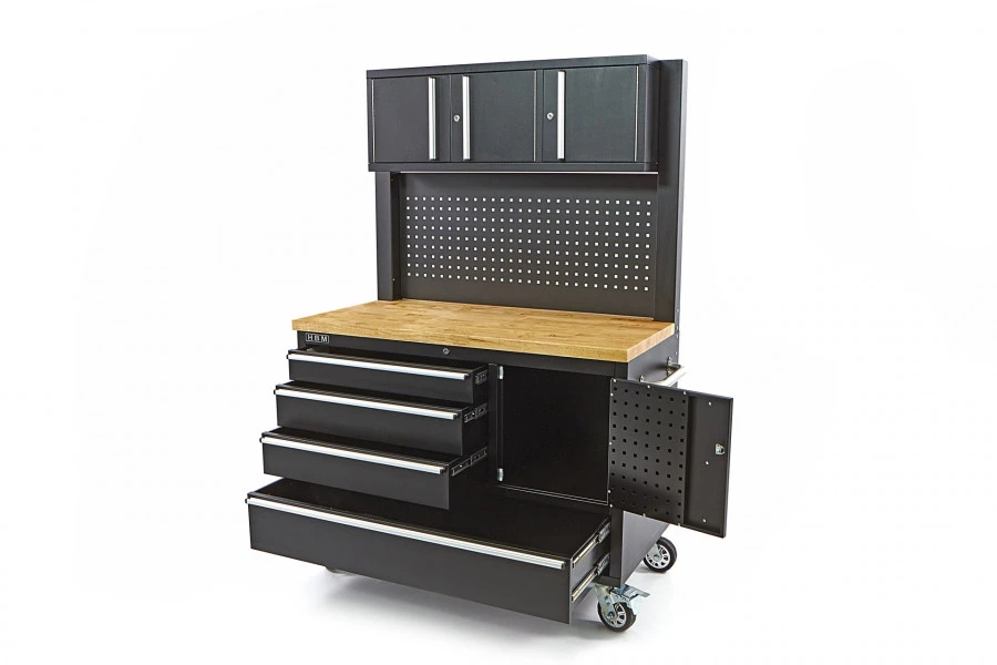 HBM Gereedschapswagen Met Kastenwand, Houten Werkblad, 122 Cm, Zwart 2 HBM Gereedschapswagen Met Kastenwand, Houten Werkblad, 122 Cm, Zwart - Afbeelding 2