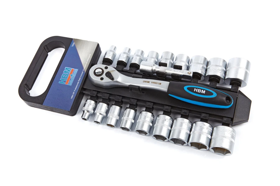 HBM 3/8" Professionele Ratel Inclusief 18 Doppen En Verlengstuk 1 HBM 3/8" Professionele Ratel Inclusief 18 Doppen En Verlengstuk