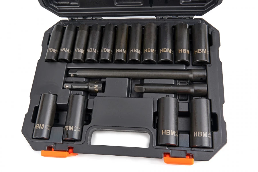 HBM Professionele 18 Delige 1/2" Krachtdoppenset Met Verlengstukken 1 HBM Professionele 18 Delige 1/2" Krachtdoppenset Met Verlengstukken