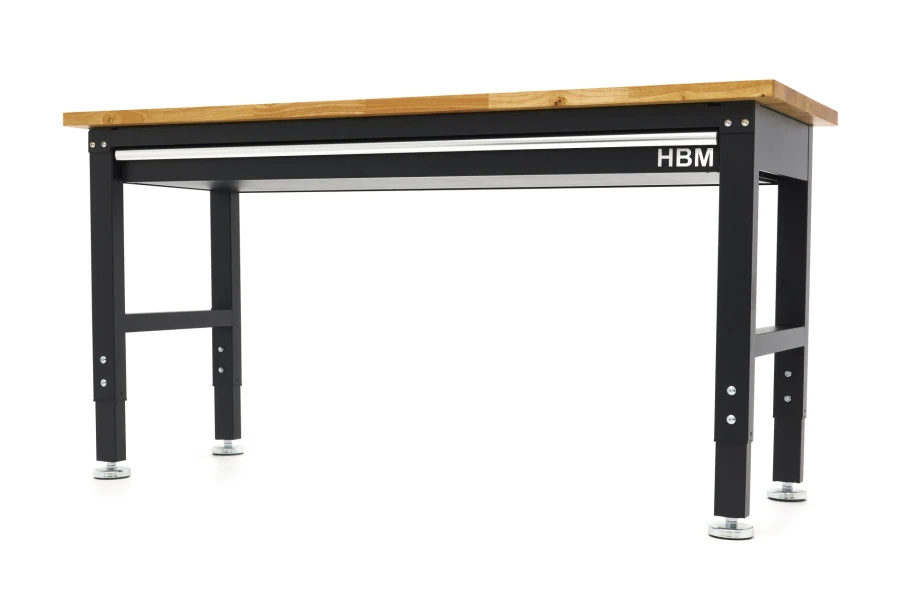 HBM In Hoogte Verstelbare Werkbank Met Massief Houten Werkblad En Lade 152 Cm 1 HBM In Hoogte Verstelbare Werkbank Met Massief Houten Werkblad En Lade 152 Cm
