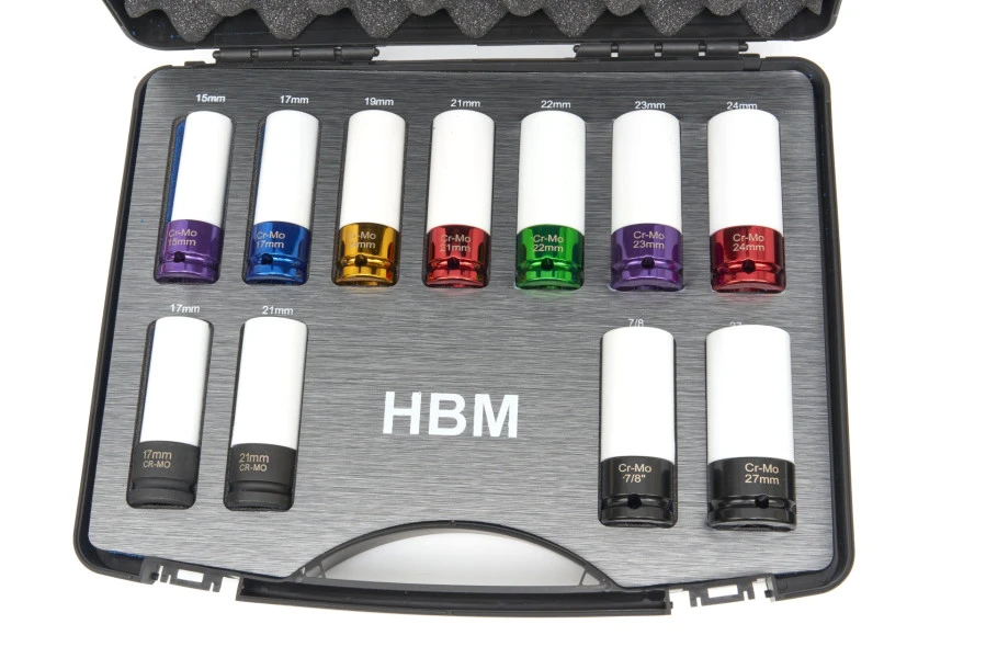HBM Lange Krachtdoppenset Met Beschermkappen 11-delig, 1/2 Inch 1 HBM Lange Krachtdoppenset Met Beschermkappen 11-delig, 1/2 Inch