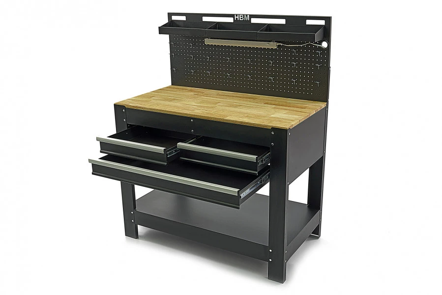 HBM Werkbank Met 3 Laden, Achterwand, LED Verlichting En Stekkerdoos 1 HBM Werkbank Met 3 Laden, Achterwand, LED Verlichting En Stekkerdoos