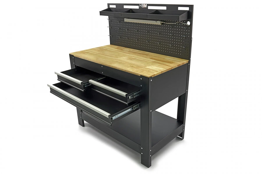 HBM Werkbank Met 3 Laden, Achterwand, LED Verlichting En Stekkerdoos 2 HBM Werkbank Met 3 Laden, Achterwand, LED Verlichting En Stekkerdoos - Afbeelding 2