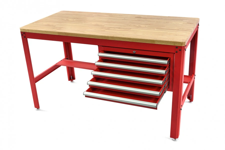 HBM 155 Cm Professionele Werkbank Met 5 Laden En Houten Werkblad, ROOD 1 HBM 155 Cm Professionele Werkbank Met 5 Laden En Houten Werkblad, ROOD