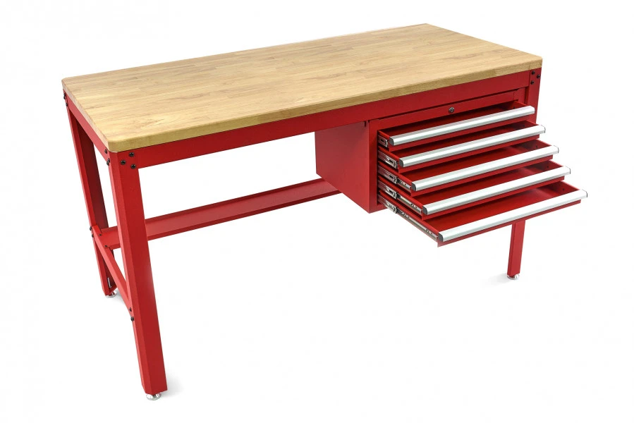 HBM 155 Cm Professionele Werkbank Met 5 Laden En Houten Werkblad, ROOD 4 HBM 155 Cm Professionele Werkbank Met 5 Laden En Houten Werkblad, ROOD - Afbeelding 4